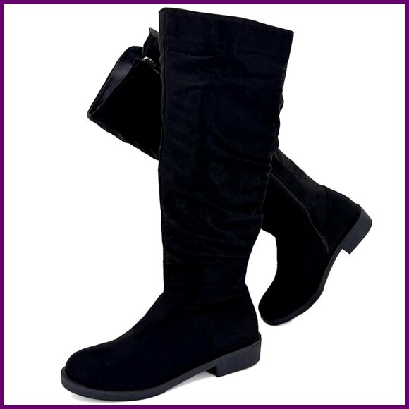 Wide Calf Knee High Boots with Side Zipper Low Heel Slouchy Tall Boots
